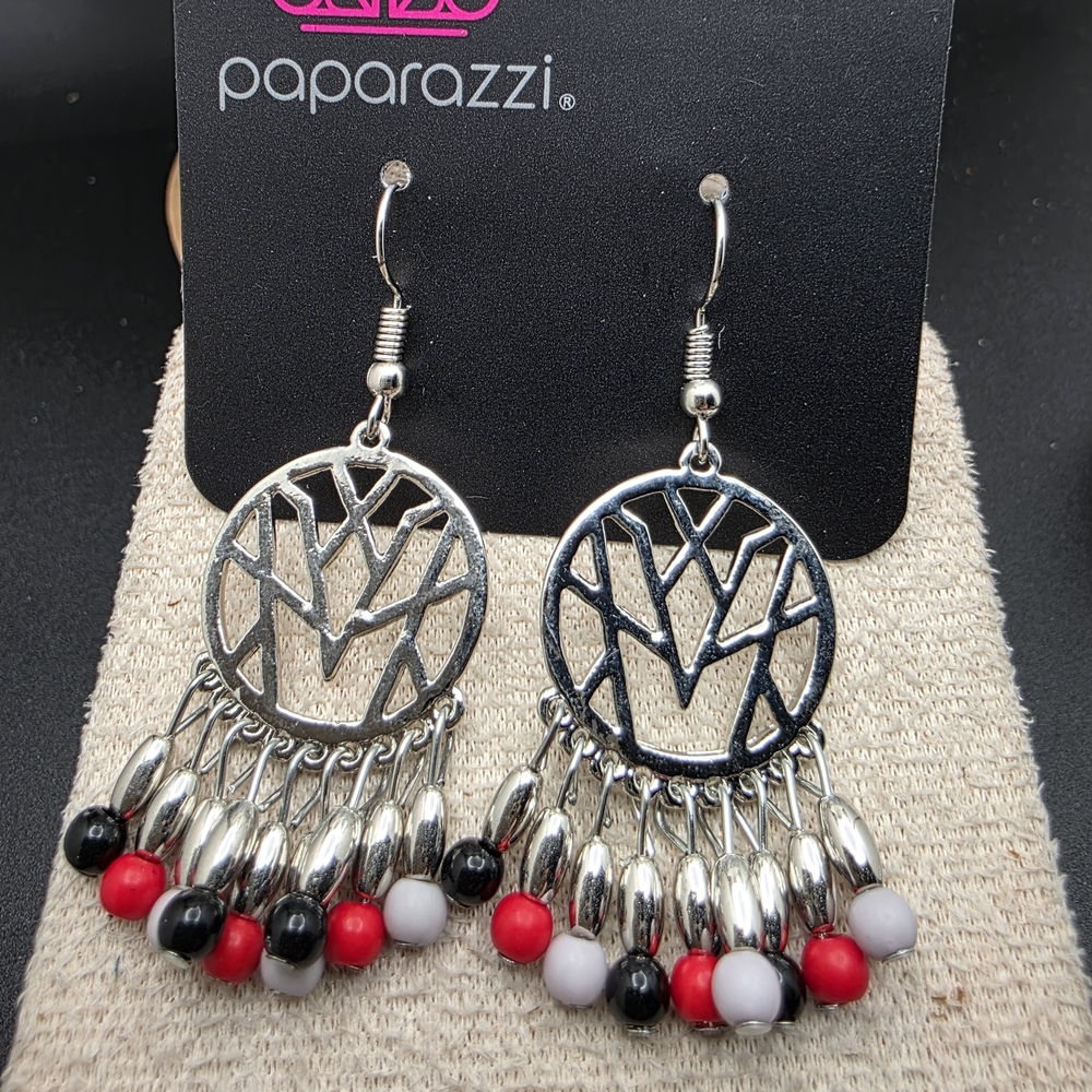 Paparazzi Silver and Black Geometric Earrings with Red Accents (1776)